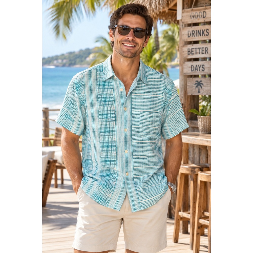 Tommy Bahama Mens 100% Silk Short Sleeve Button Down Shirt Blue Teal Striped